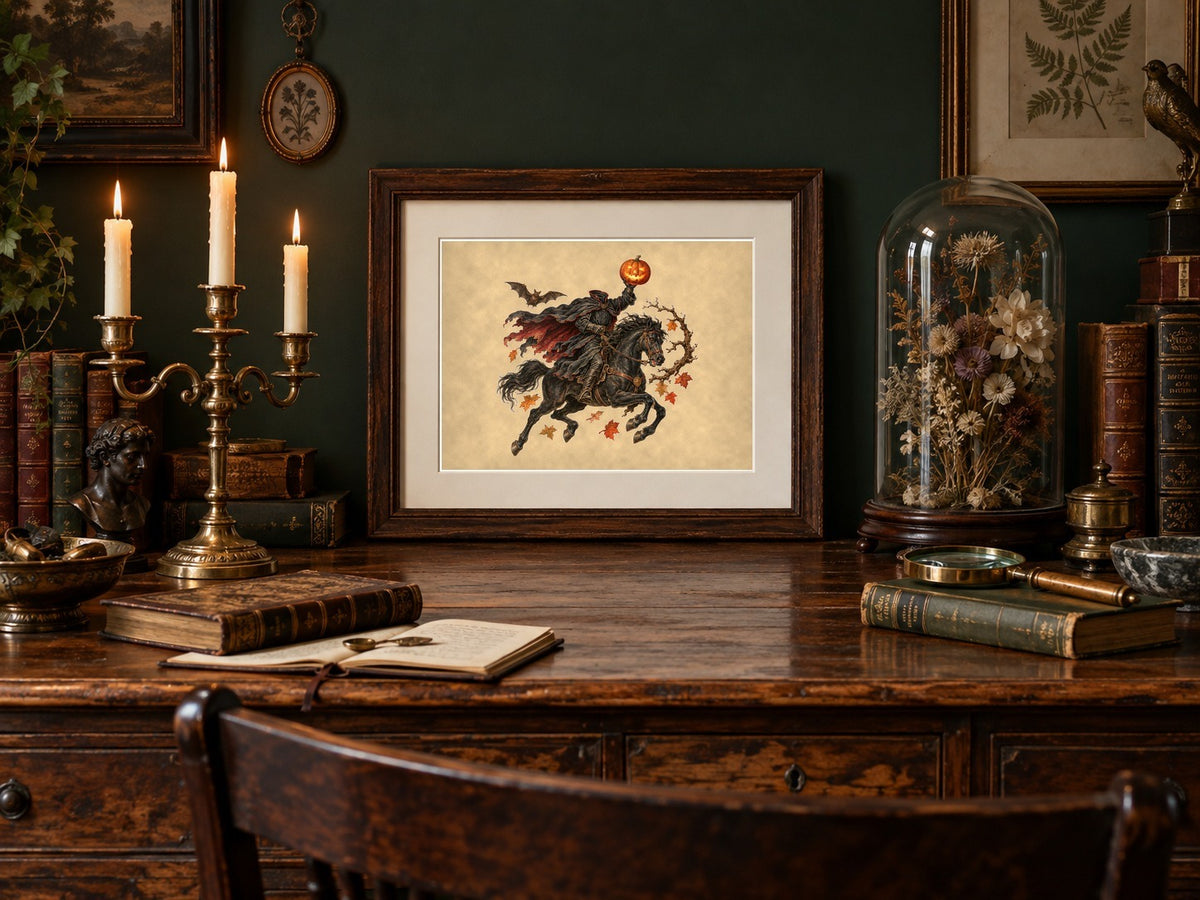 Headless Horseman print framed on a dark academia apothecary desk