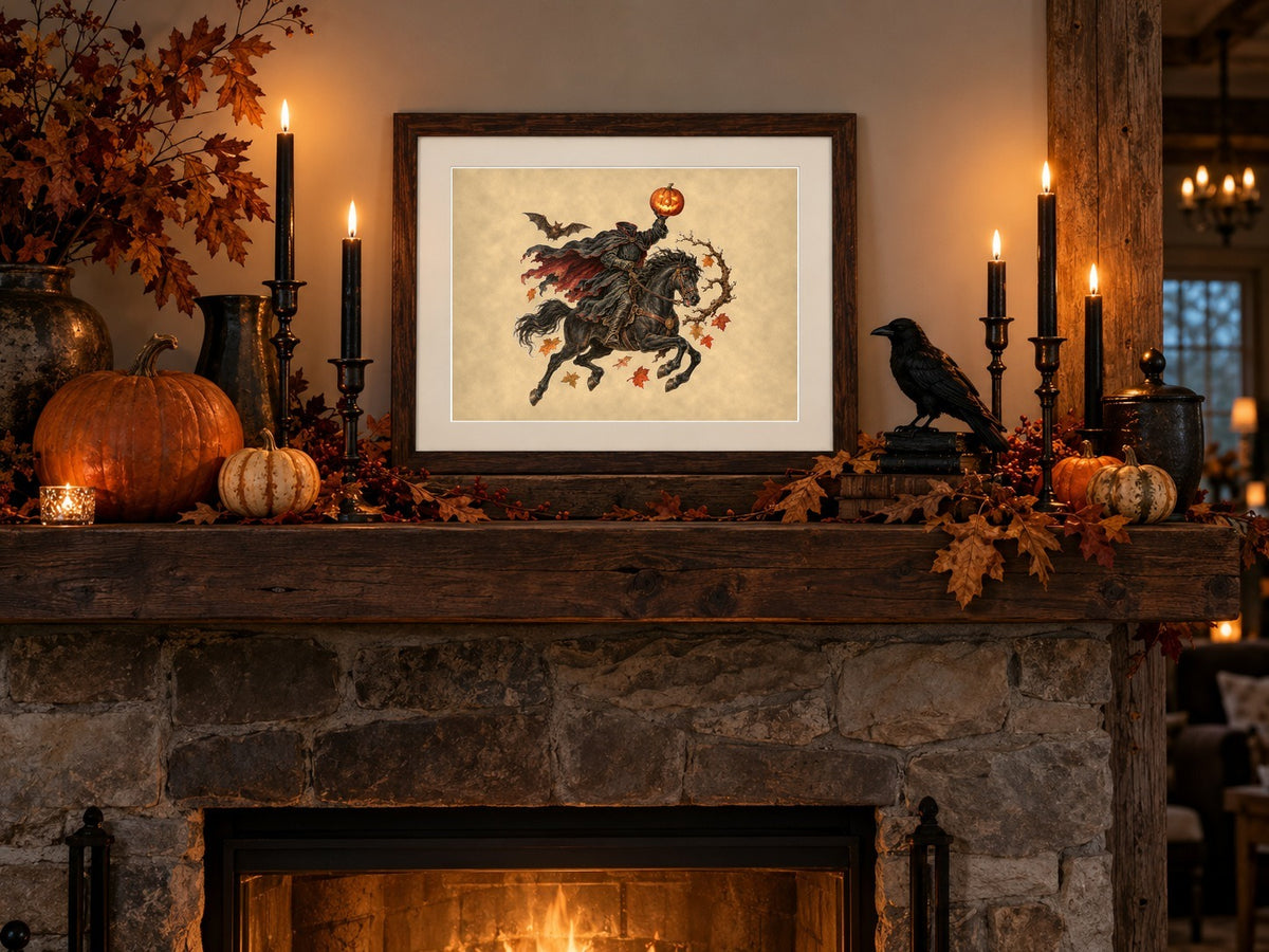 Headless Horseman print framed on a Halloween fireplace mantel with pumpkins and candles