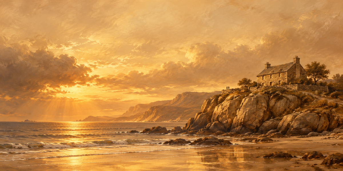 House on the Rock warm sepia panoramic Bible parable artwork, flat