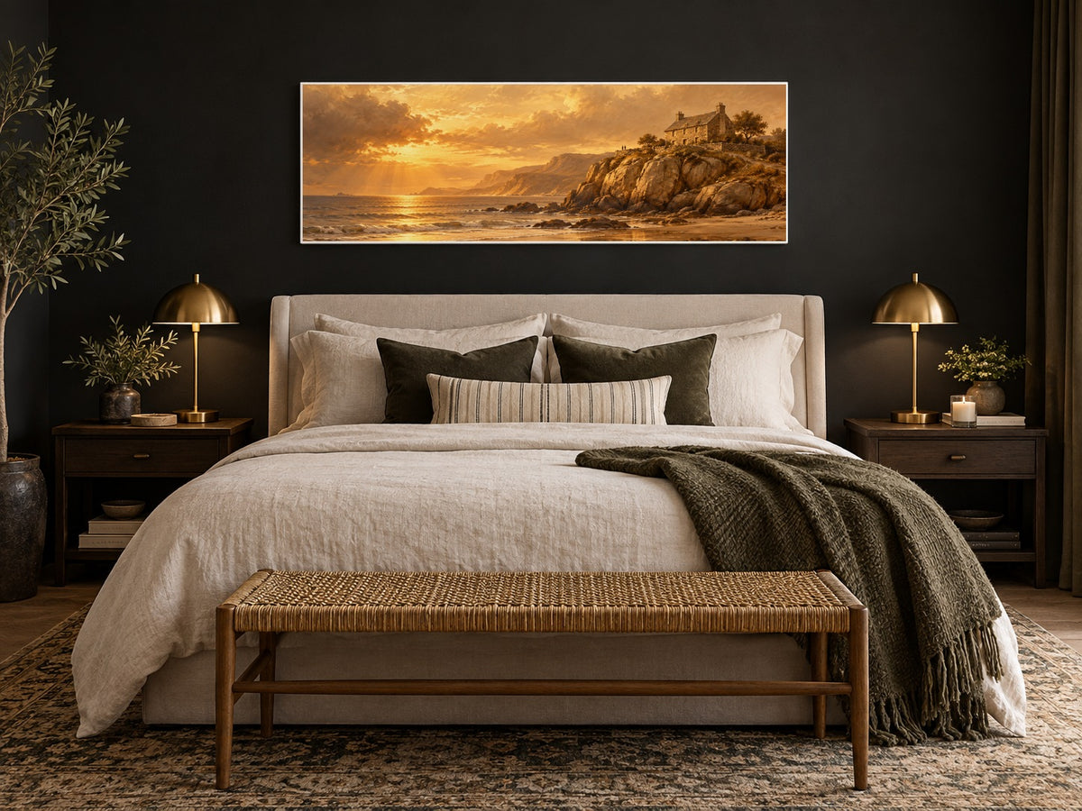 House on the Rock canvas on a wall above a bed in a dark charcoal bedroom