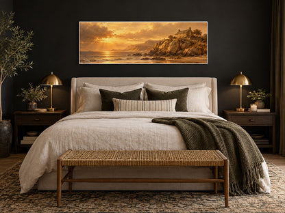 House on the Rock canvas on a wall above a bed in a dark charcoal bedroom