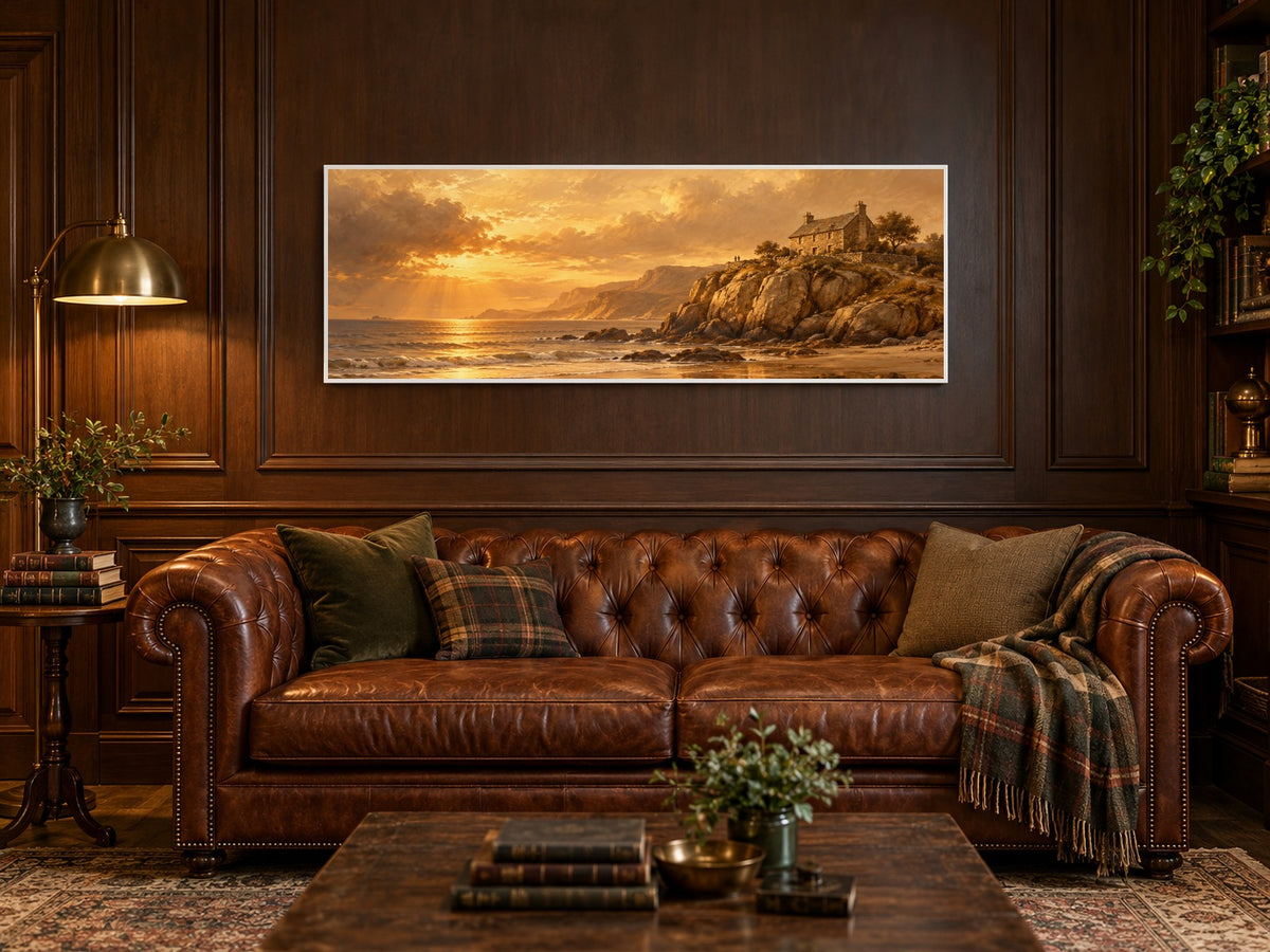 House on the Rock canvas in a walnut-paneled den above a leather chesterfield
