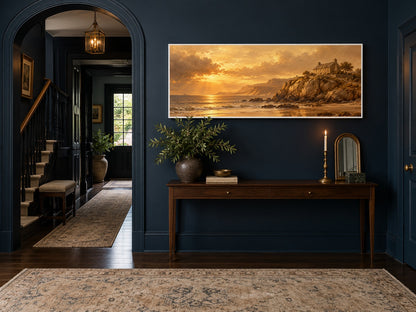 House on the Rock canvas above a console in a midnight-blue hallway