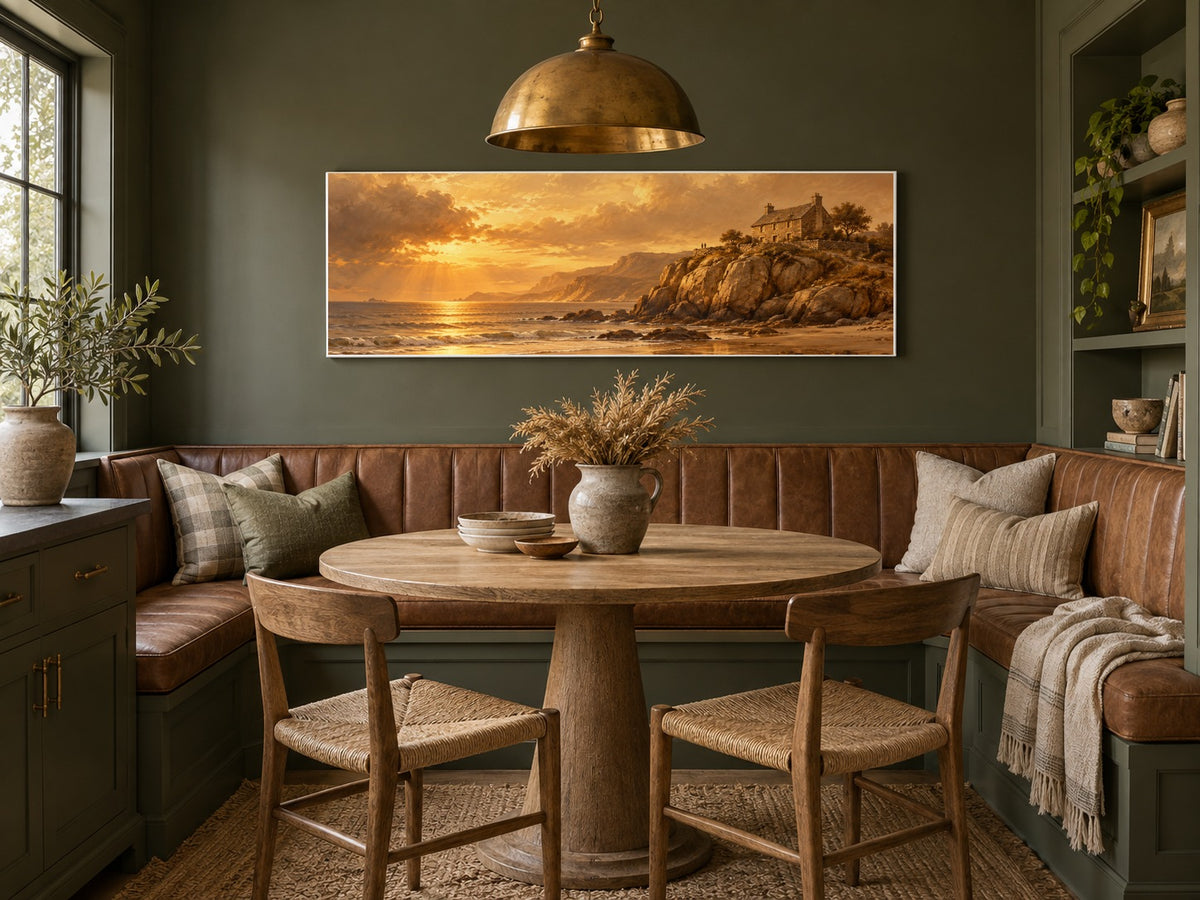 House on the Rock canvas on an olive wall in a breakfast nook