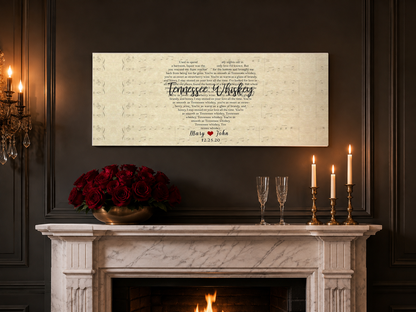 Custom wedding song lyric canvas above a marble mantel with red roses, champagne flutes and brass candles
