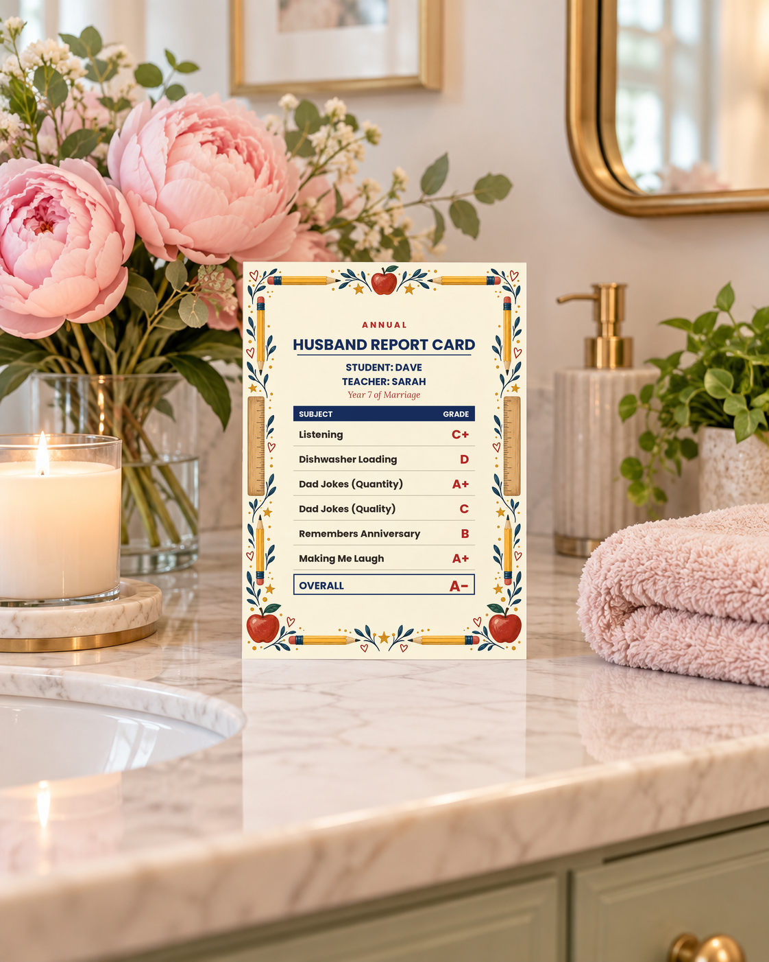 Husband report card on a pretty vanity with peonies