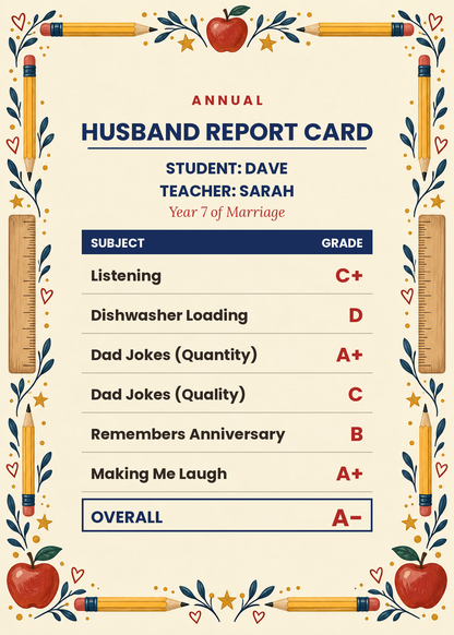Husband Report Card funny personalized anniversary card with grades