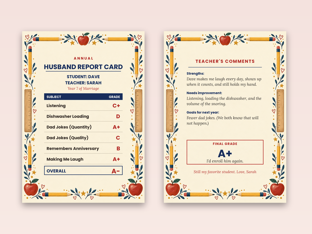 Husband report card cover and teacher's comments inside