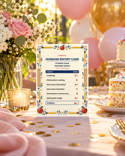 Husband report card on a celebration table