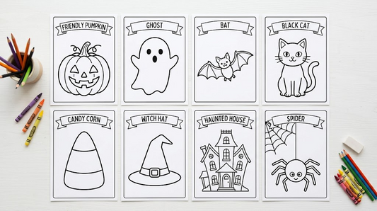 Halloween coloring pages preview — pumpkin ghost bat cat line art for kids