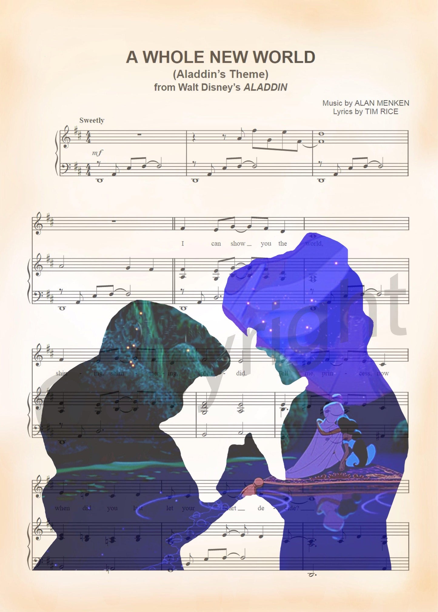 Aladdin and Jasmine Sheet Music Art Print