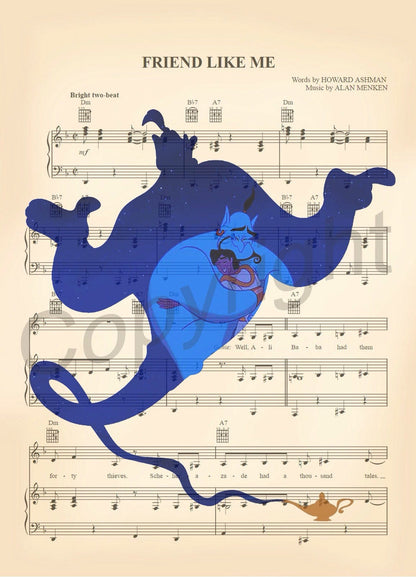 Aladdin Genie Silhouette Sheet Music Art Print