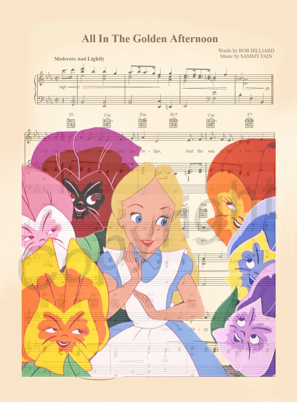Alice in Wonderland Flowers Sheet Music Art Print