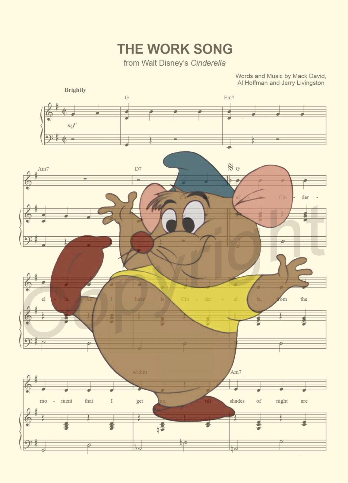 Cinderella Gus The Work Song Sheet Music Wall Art — Disney Gift for Music Lovers