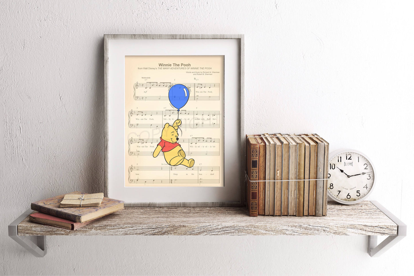 Winnie the Pooh with Blue Balloon Sheet Music Wall Art — Disney Gift for Music Lovers