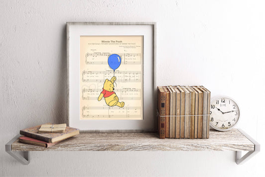 Winnie the Pooh with Blue Balloon Sheet Music Wall Art — Disney Gift for Music Lovers