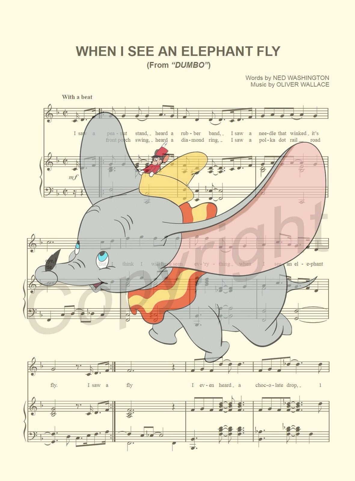 Dumbo Flying with Timothy Q. Mouse Sheet Music Art Print