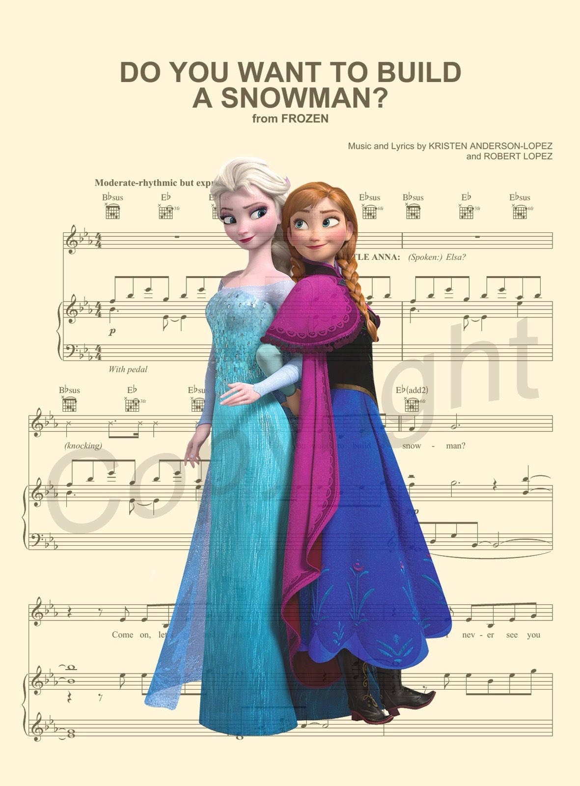 Frozen Anna and Elsa Do You Want To Build A Snowman? Sheet Musc Art Print — Disney Wall Art Gift