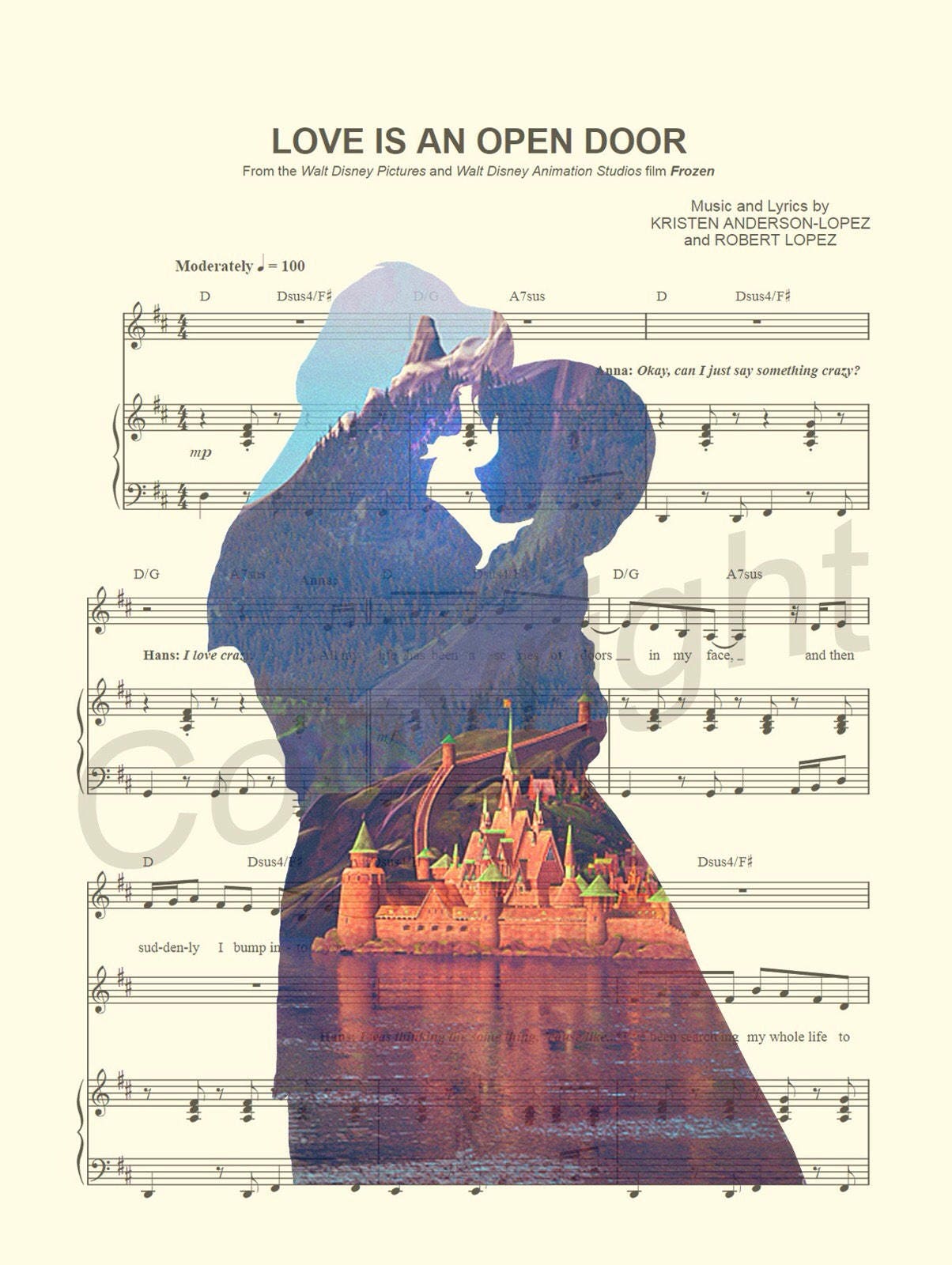 Frozen Anna and Kristoff Love is an Open Door Sheet Music Art Print