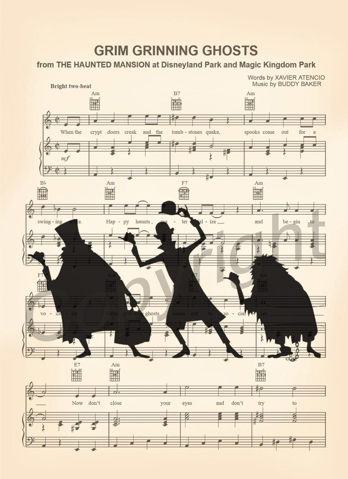 Haunted Mansion Hitchhiking Ghosts Sheet Music Wall Art — Disney Gift for Music Lovers
