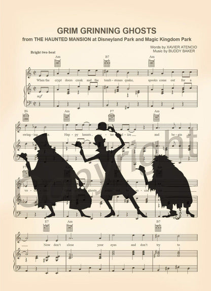 Haunted Mansion Hitchhiking Ghosts Sheet Music Wall Art — Disney Gift for Music Lovers