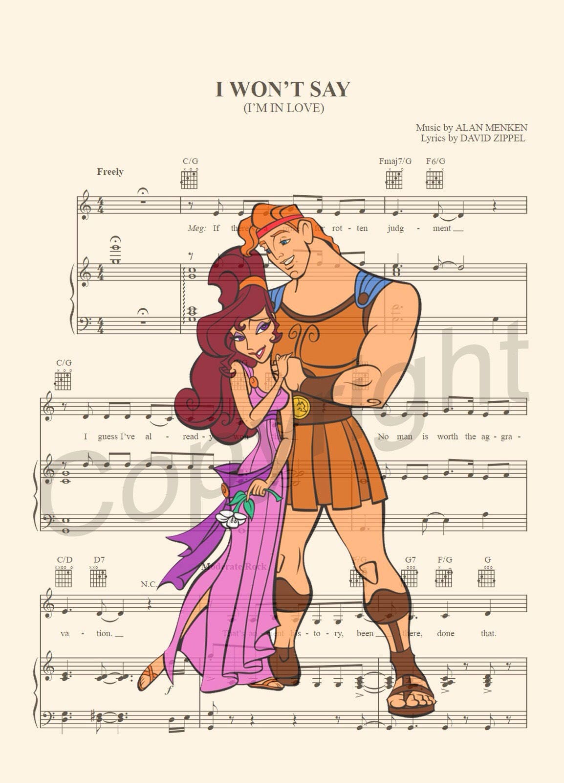 Hercules and Meg I Wont Say I'm In Love Sheet Music Art Print