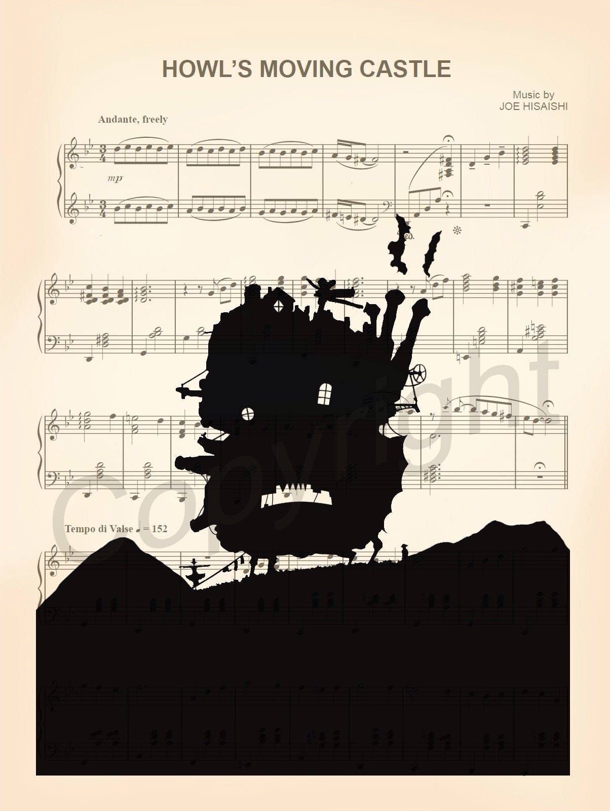 Howl's Moving Castle Silhouette Sheet Music Art Print