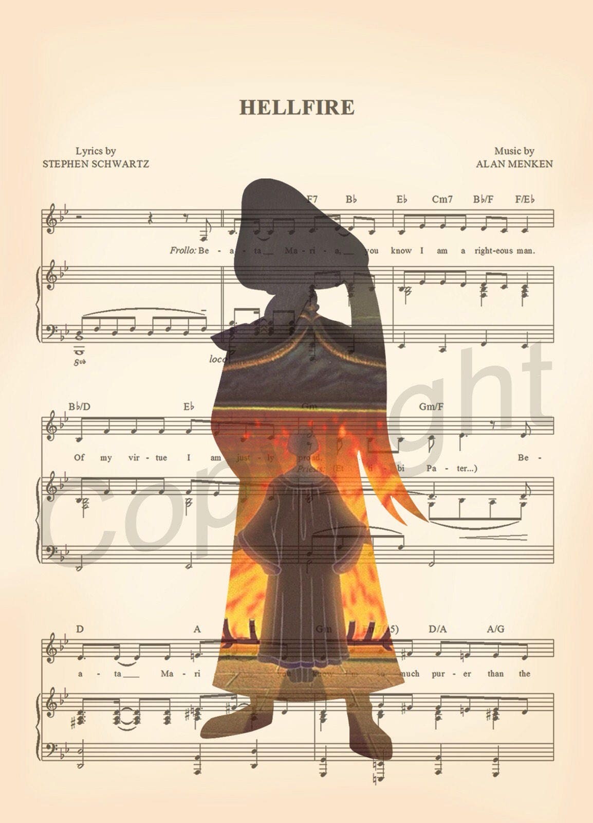 Hunchback of Notre Dame Frollo  Hellfire Sheet Music Wall Art — Disney Gift for Music Lovers