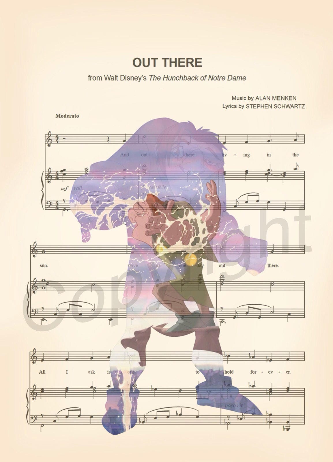 Hunchback of Notre Dame Quasimodo Out There Sheet Music Wall Art — Disney Gift for Music Lovers
