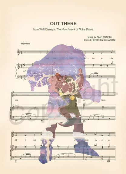 Hunchback of Notre Dame Quasimodo Out There Sheet Music Wall Art — Disney Gift for Music Lovers