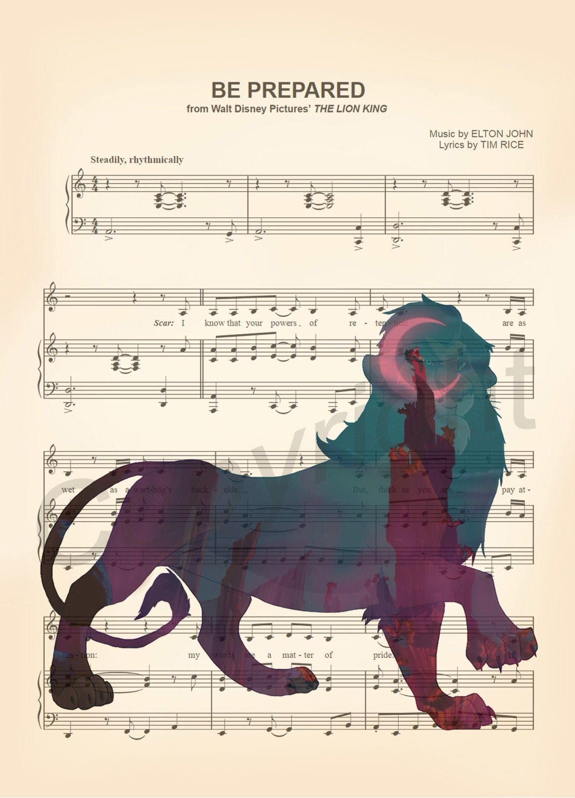 Lion King Scar Silhouette Be Prepared Sheet Music Art Print