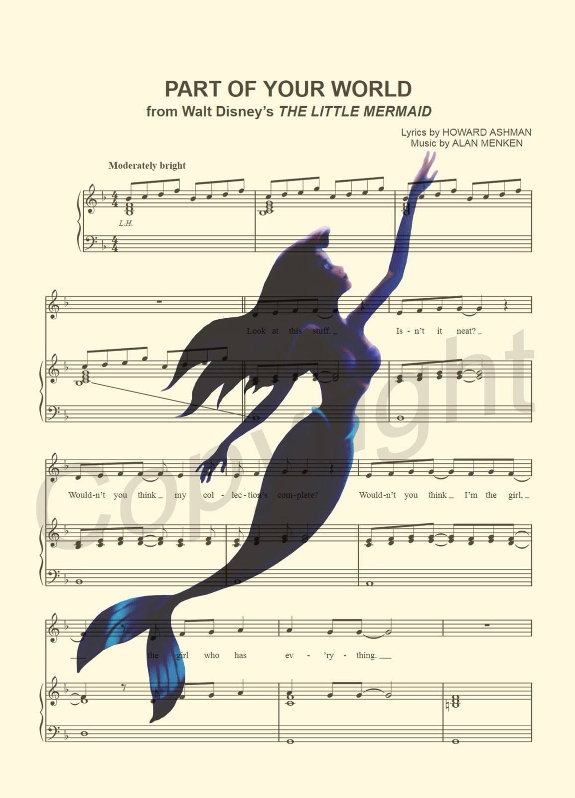 Little Mermaid Ariel Swimming Part of Your World Sheet Music Art Print