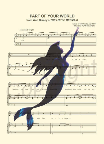 Little Mermaid Ariel Swimming Part of Your World Sheet Music Art Print