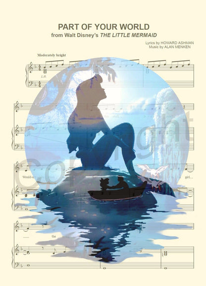 Little Mermaid Ariel on Rock Silhouette Sheet Music Art Print