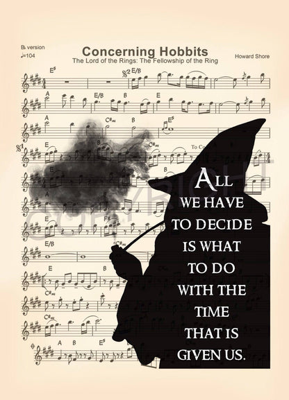 Lord of the Rings Gandalf Silhouette with Quote Sheet Music Art Print