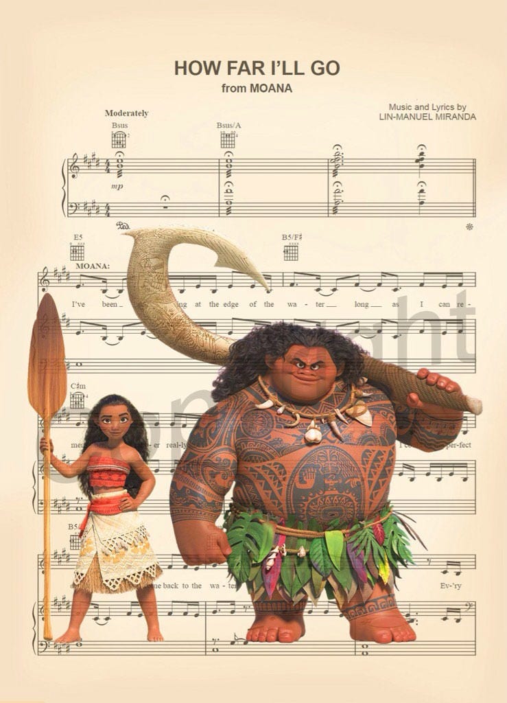 Moana and Maui How Far I'll Go Sheet Music Wall Art — Disney Gift for Music Lovers