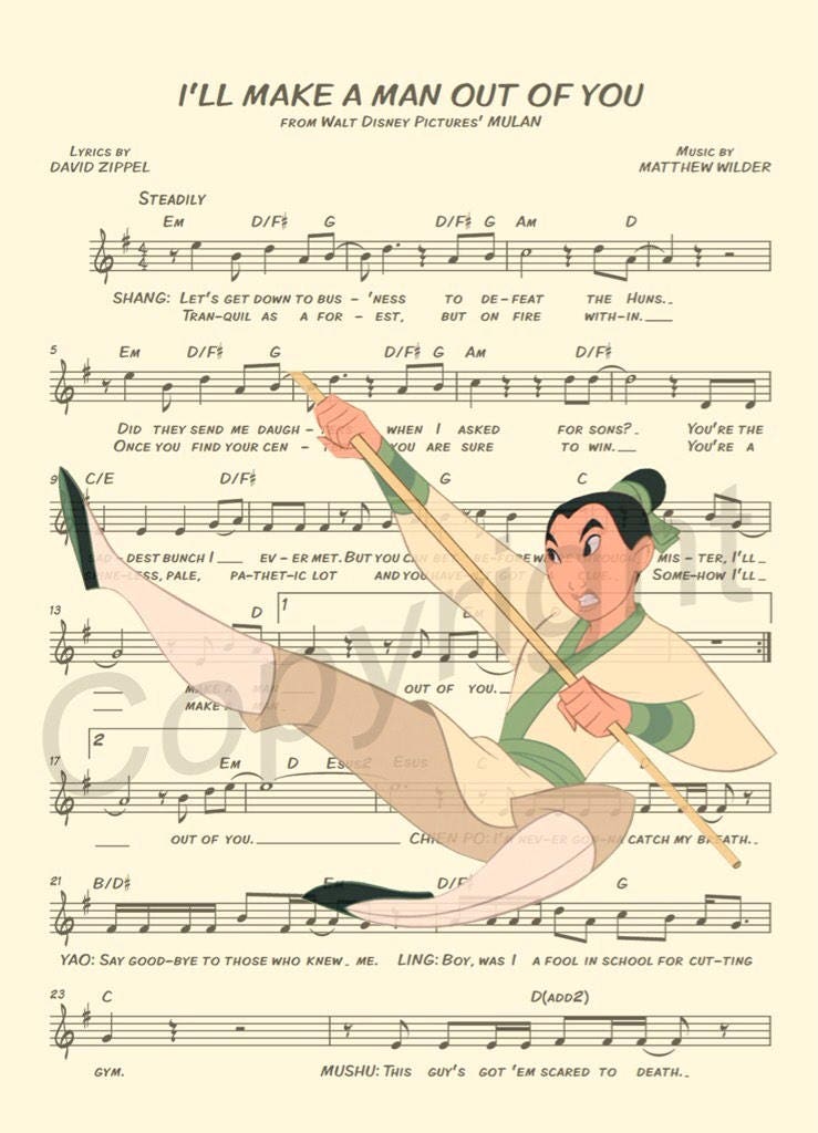Mulan I'll Make a Man Out of You Sheet Music Wall Art — Disney Gift for Music Lovers