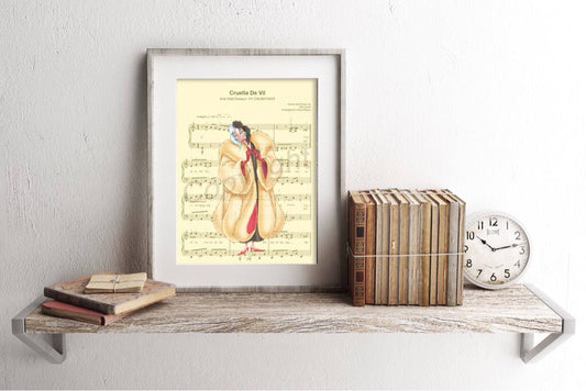 One Hundred and One Dalmatians Cruella De Vil Sheet Music Wall Art — Disney Gift for Music Lovers