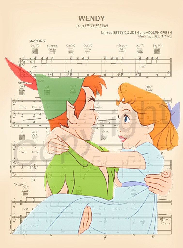 Peter Pan and Wendy Darling Sheet Music Art Print