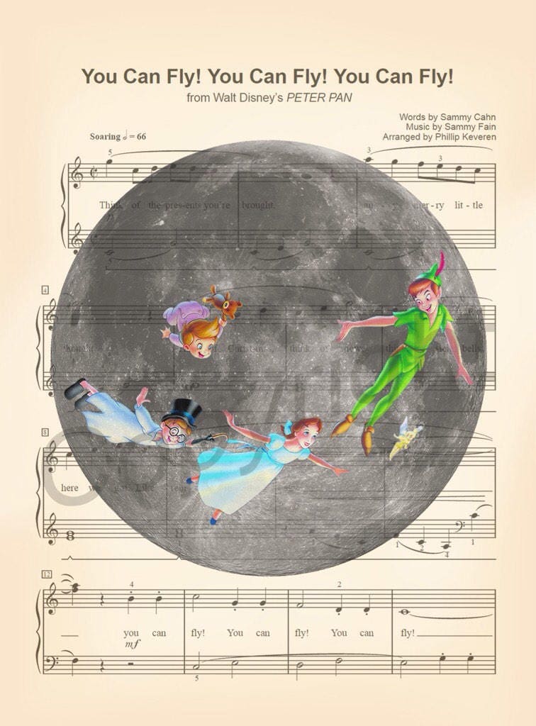 Peter Pan Wendy John Michael Tinker Bell Moon Sheet Music Art Print