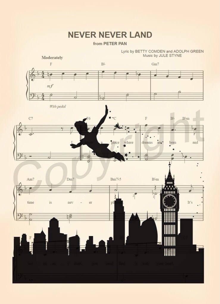 Peter Pan Silhouette Neverland Sheet Music Art Print
