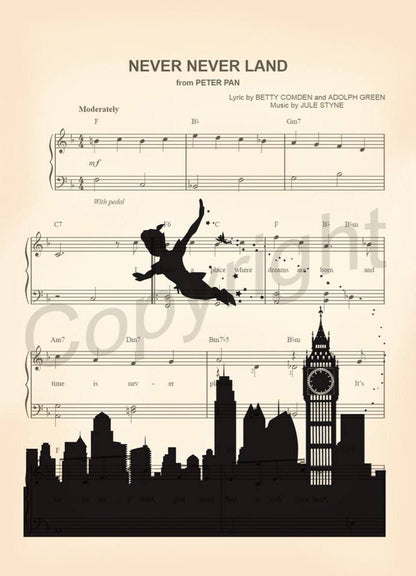 Peter Pan Silhouette Neverland Sheet Music Art Print