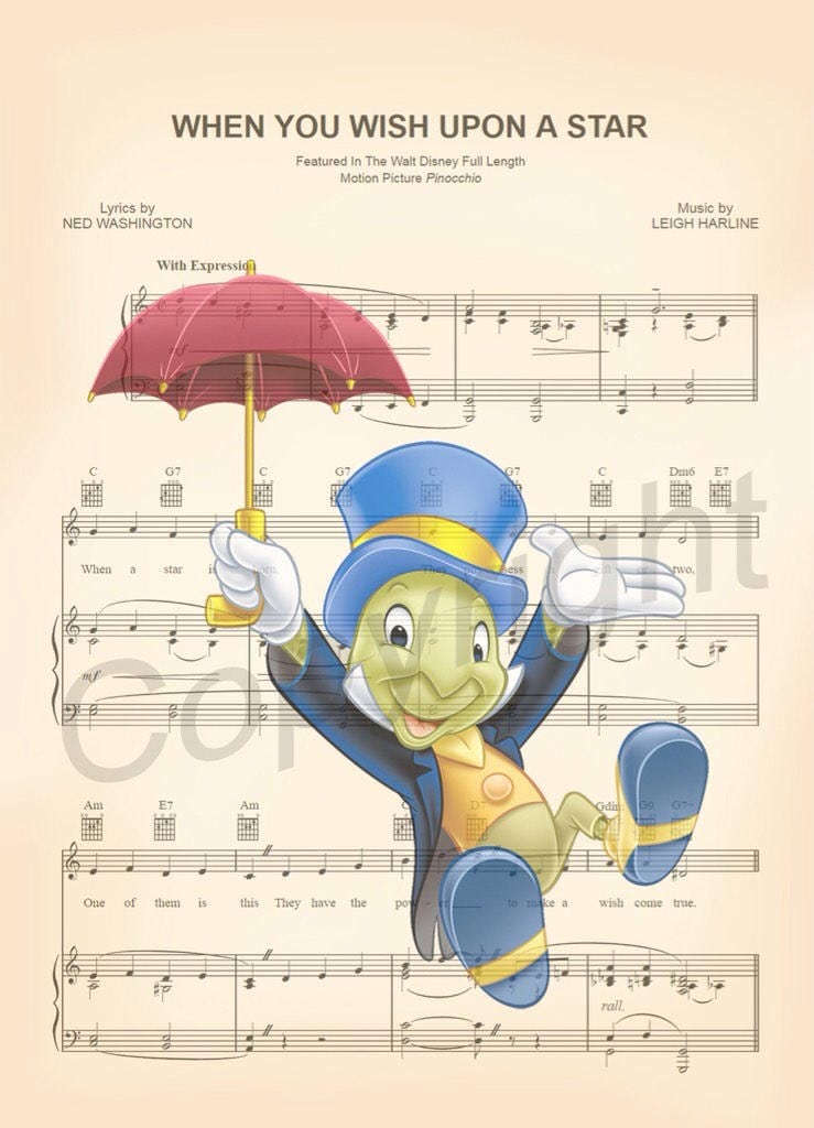 Jiminy Cricket Pinocchio When You Wish Upon A Star Sheet Music Art Print