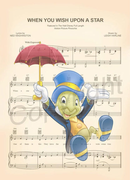 Jiminy Cricket Pinocchio When You Wish Upon A Star Sheet Music Art Print