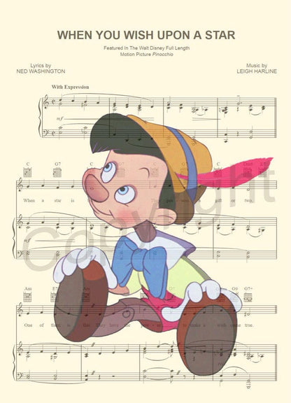 Pinocchio Sitting When You Wish Upon A Star Sheet Music Art Print