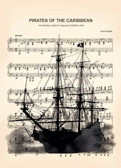 Pirates of the Caribbean Black Pearl Ship Sheet Music Wall Art — Disney Gift for Music Lovers