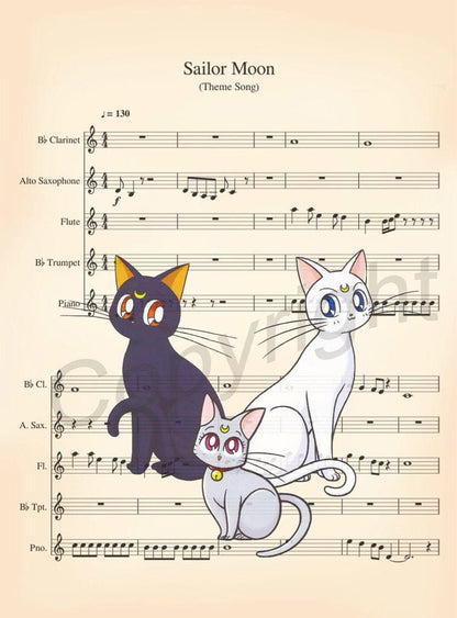 Sailor Moon Cats Luna Artemis Diana Sheet Music Art Print