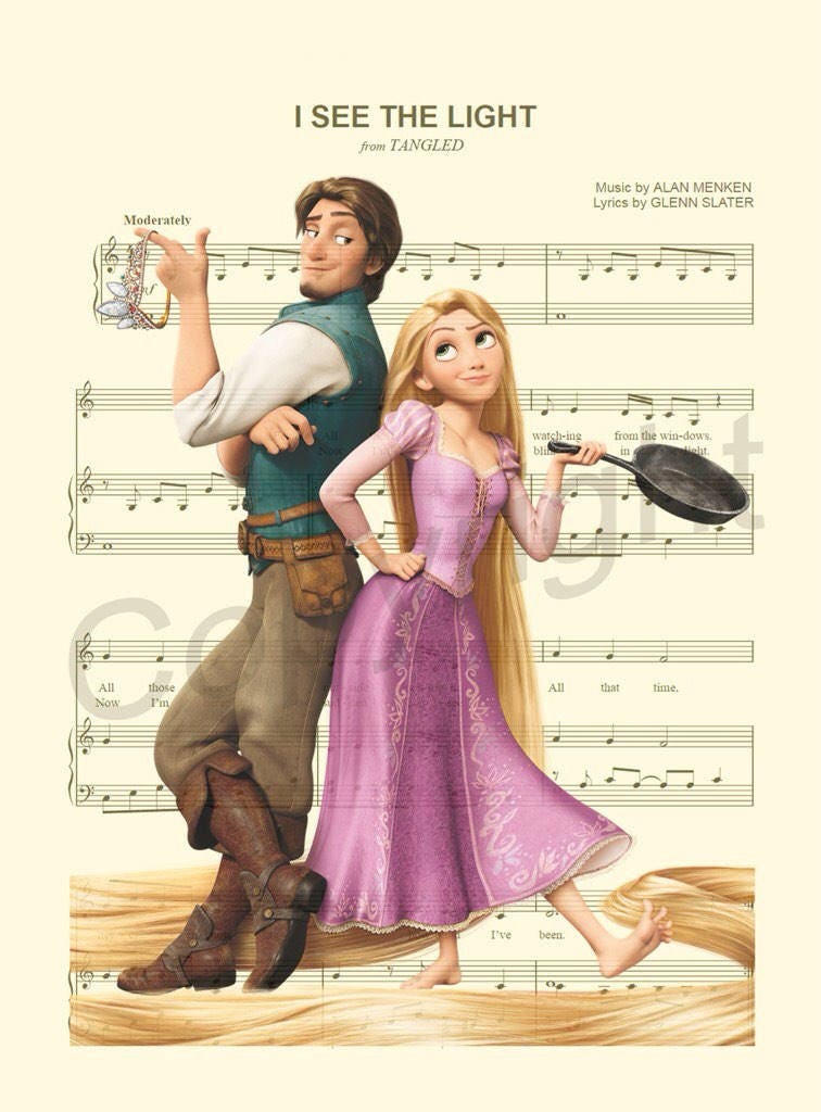 Tangled Rapunzel and Flynn Sheet Music Wall Art — Disney Gift for Music Lovers