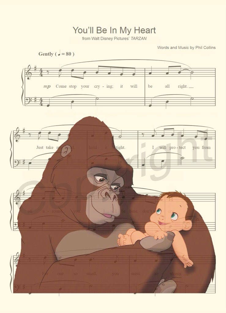 Tarzan and Kala You'll Be in My Heart Sheet Music Wall Art — Disney Gift for Music Lovers