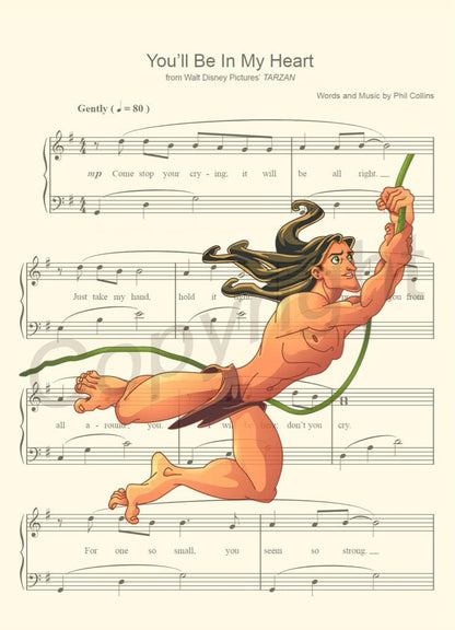 Tarzan Swinging on Vine Sheet Music Art Print